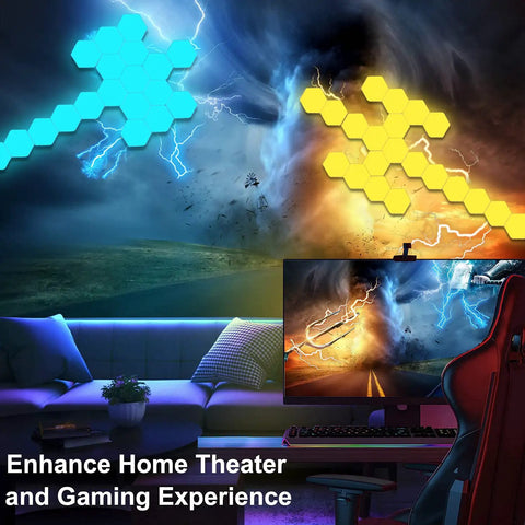 Hexagon LED Light Panels With Remote Control, Touch Sensor RGB Wall Decor Kit For Gaming Room, 10 Pack displayed on a wall