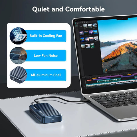 Pre Owned 80Gbps M.2 NVMe SSD Enclosure With Active Cooling Fan For Beast Mode Transfer Speeds with low fan noise and aluminum shell