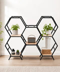 Dope Hexagon Room Divider Shelf With Modular Open Storage Industrial Freestanding Display Bookcase in living room with plants and decor