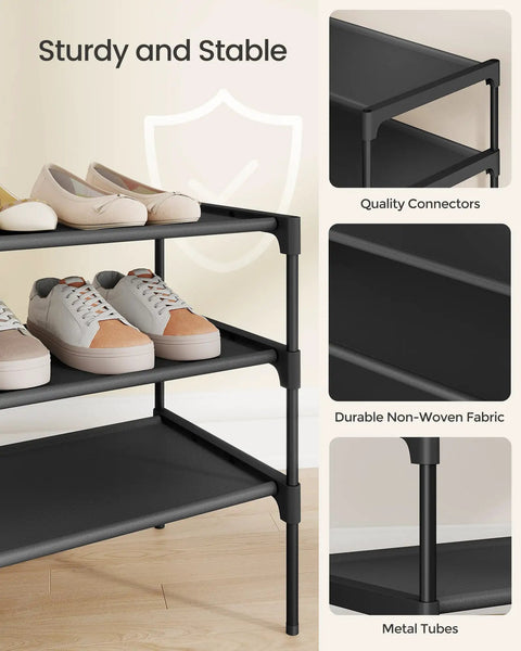 Three Tier Shoe Rack Organizer For Entryway With No-Fuss Space Saving Metal Frame And Non Woven Fabric Shelves, Black Shoe Storage Unit