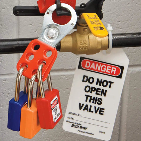 Red Lockout Tagout Safety Padlock With Key For Electrical Work Non Conductive Thermoplastic Body Durable Metal Shackle OSHA Compliant Lockout Tool For Electrical Safety And Safe Repairs 410RED on a valve with danger tag