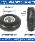 4.10/3.50-4 Inch Tire And Wheel Set Beefed-Up 10 Inch Pneumatic Wheel with measurements and specifications displayed