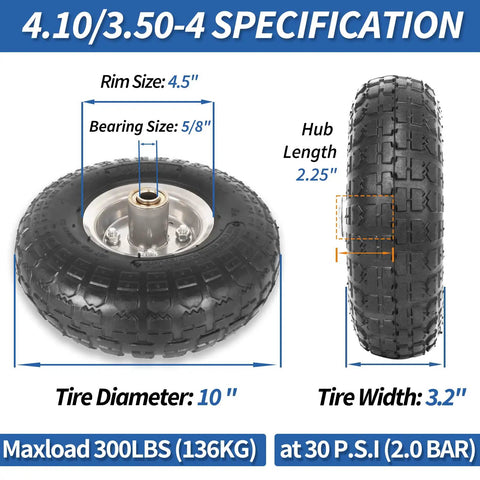 4.10/3.50-4 Inch Tire And Wheel Set Beefed-Up 10 Inch Pneumatic Wheel with measurements and specifications displayed