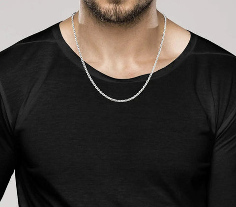 Man wearing 925 Sterling Silver Diamond Cut Braided Rope Chain Necklace 22 Inch Long Three Millimeter Thick Italian Crafted For Men And Women