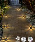 Petal Shaped In Ground Landscape LED Well Lights For The Yard 6W 200 Lumens 12V illuminate a brick pathway, IP67 waterproof, ETL listed.