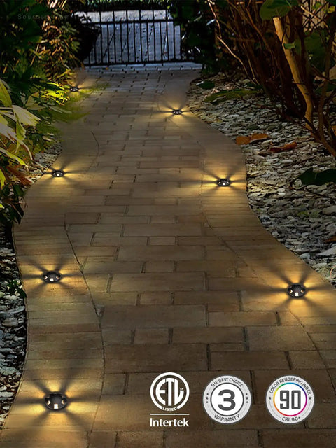 Petal Shaped In Ground Landscape LED Well Lights For The Yard 6W 200 Lumens 12V illuminate a brick pathway, IP67 waterproof, ETL listed.