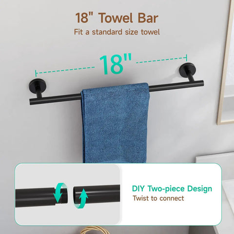 Matte Black 4-Piece Wall Mounted Bathroom Hardware Set With 18-Inch Towel Bar Made From SUS304 Stainless Steel