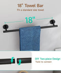 Matte Black 4 Piece Bathroom Hardware Set With Wall Mount Towel Bar showing 18 inch bar with DIY two-piece design in SUS304 stainless steel.