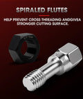 Close-up of a spiraled flute chaser for 49 Piece Thread Repair Tool Set For Chasing And Restoring SAE And Metric Threads Pro Grade Heavy Duty Automotive Workhorse