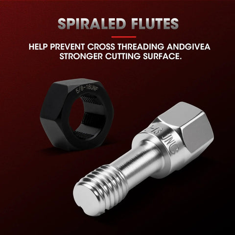 Close-up of a spiraled flute chaser for 49 Piece Thread Repair Tool Set For Chasing And Restoring SAE And Metric Threads Pro Grade Heavy Duty Automotive Workhorse