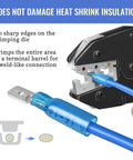 Ratcheting Wire Crimping Tool For Heat Shrink Connectors, Precision AWG 22 To 10, shown crimping blue terminal connector