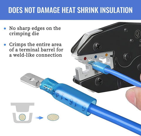 Ratcheting Wire Crimping Tool For Heat Shrink Connectors, Precision AWG 22 To 10, shown crimping blue terminal connector