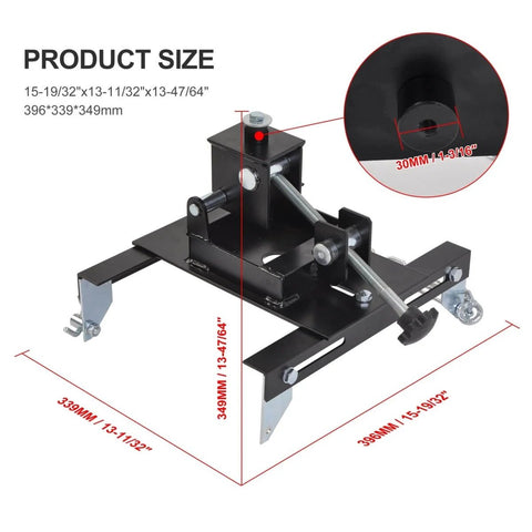 Transmission Jack Adapter For Cars And Trucks Converts Hydraulic Floor Jacks To A 1100 Pound Capacity Gearbox Removal Rig With A One And One Fifth Inch Removable Saddle Shaft For Quick Engine Or Transmission Lifts, black metal frame with dimensions