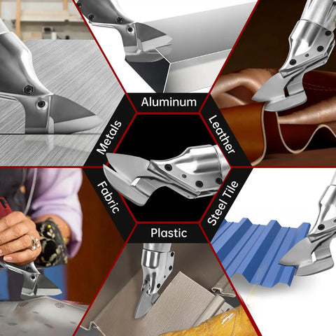 Beefy Cordless Sheet Metal Shear For Milwaukee 18V Battery, Brushless Electric Metal Cutter showcasing cutting through various materials like metal and leather.