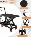 Built Tough Hydraulic Lift Table Cart, 500 Lb Scissor Platform, with thickened steel, anti-slip pad, red wheels, double scissor design.