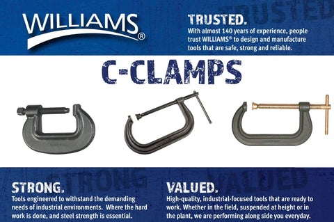 Three C-clamps showcasing heavy duty C clamp with 4 21/32 inch opening for metal fab and woodworking in various angles and strengths.