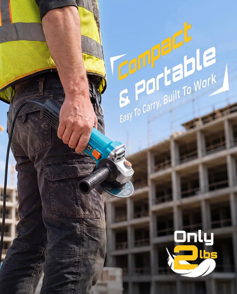 Professional Grade 4 1 2 Inch Corded Angle Grinder Rock Solid Build With 1200 Watt Pure Copper Motor And 13000 RPM Speed To Crush Every Cutting And Grinding Task held by a worker at a construction site.