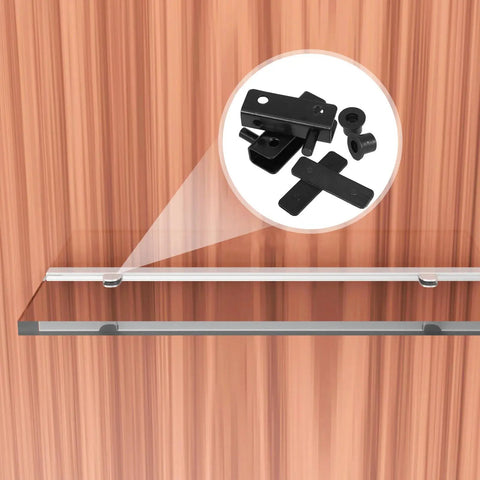 Black Finish Glass Shower Door Hinges Set With Metal Clamps Cold Rolled Steel Construction 4-Pair Kit shown with glass panel