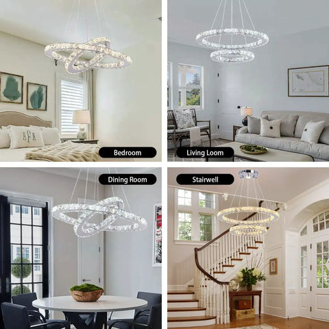 LED Modern Crystal Ring Pendant Chandelier With Two Adjustable Rings And K9 Crystals, Stainless Steel Ceiling Light Fixture, 19.7 By 11.8 Inches, Adjustable Cable Height Up To 44.3 Inches, White Finish For Dining Room And Living Room