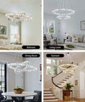 Modern 4-Ring Crystal LED Chandelier With Adjustable Height, K9 Crystal and Stainless Steel hanging in various rooms