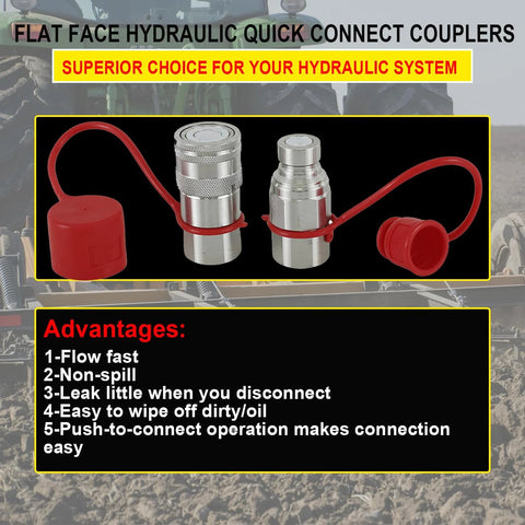 Front view of 1/2" NPT flat-face hydraulic quick-connect couplers with metal bodies and red protective caps