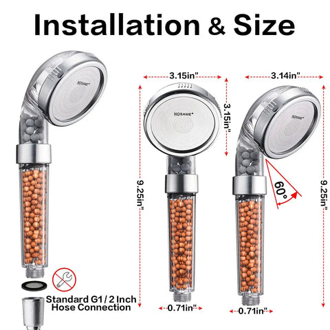 Three Mode High Pressure Shower Head With Filter Water Saving Handheld Sprayer dimensions and angle view