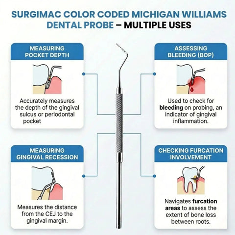 Color Coded Michigan Williams Dental Probe Pro Grade Periodontal Instrument Stainless Steel With High Precision And Flexibility Aisi 420 German Stainless ISO 9001 CE FDA Quality Standards, centered