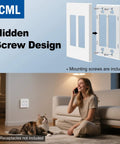 Installation of Dope Screwless Double-Gang Wall Plates Matte White 12 Pack Light Switch Covers in a living room setting.