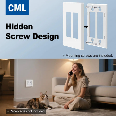 Installation of Dope Screwless Double-Gang Wall Plates Matte White 12 Pack Light Switch Covers in a living room setting.