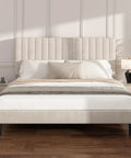 Super Soft King Velvet Bed Frame With Channel Tufted Headboard In Classic Beige in a modern bedroom setting.