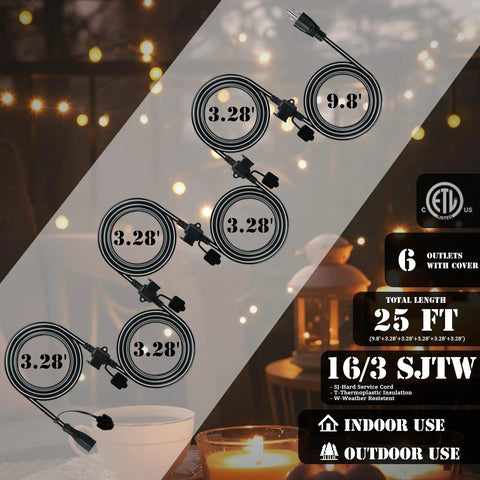 Badass 25 Foot Heavy Duty Outdoor Extension Cord Featuring Six Perfectly Spaced Power Outlets And Sleek Black Waterproof Jacket laid out with length details.