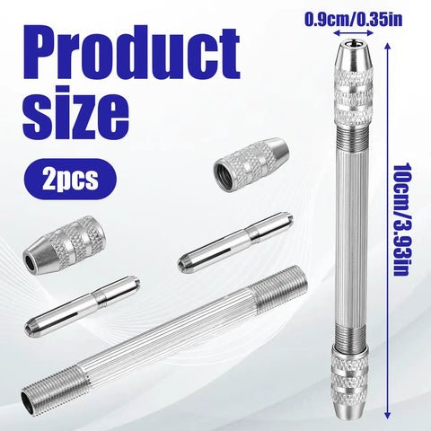 2 Pcs Double Ended Pin Vise Set Stainless Steel Mini Hand Drill for Twisting Copper Wire Jewelry Making Tool, 10cm long, with detailed measurements.