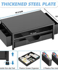 Ergonomic Monitor Riser With Drawer And Two Pen Holders, Black, with dimensions and storage features displayed.