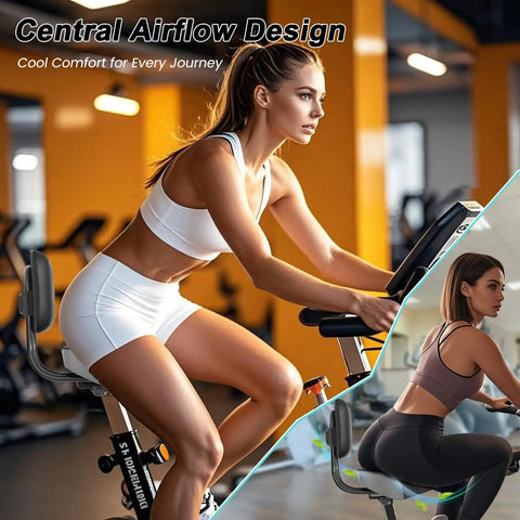 Women using exercise bikes with Oversized Bike Seat With Adjustable Backrest For Bicycles Tricycles And Exercise Bikes 12 By 12 Padded Saddle With Memory Foam Ultra Cush Comfort Shock Absorption