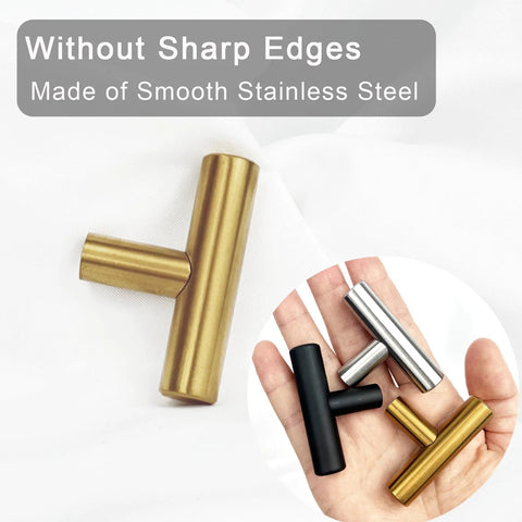 Hand holding 24 Pack Gold T Bar Cabinet Knobs And Drawer Pulls Set For Kitchen Cabinets Cupboards And Dressers With Screws on white backdrop