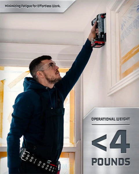 Kickass Cordless Brad Nailer Kit in use for trim work, showcasing lightweight design under 4 pounds, operated by a man.