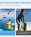 1L Mini Scuba Tank With High Pressure Hand Pump For Emergency Underwater Breathing, Bright Yellow tank in travel setting with airplane and diver