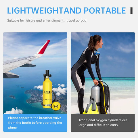 1L Mini Scuba Tank With High Pressure Hand Pump For Emergency Underwater Breathing, Bright Yellow tank in travel setting with airplane and diver