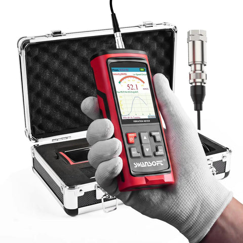 5-In-1 Vibration Meter With Remote Sensor For Industrial Motors, HVAC, Pumps And Engines - Pro-Grade Acceleration, Velocity, Displacement, Frequency, And Temperature Diagnostic Tool For Predictive Maintenance. handheld meter in case