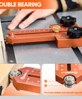 Thin Rip Jig table saw guide in orange installed on a fence with scale and dual knobs for narrow strip ripping
