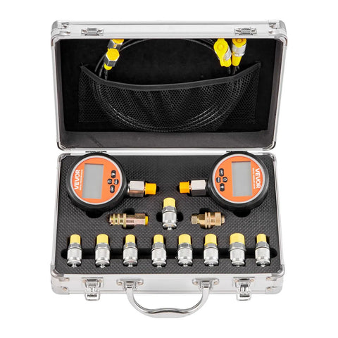 Digital Hydraulic Pressure Test Kit With Dual Gauge 0 To 10000 PSI Manometer Tester Includes Nine Test Couplings Two Quick Release Couplers And Two Hoses For Excavators And Construction Machinery Pro Grade in metallic carry case