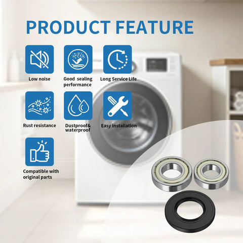 Premium Washer Tub Bearing And Seal Kit For Front Load Washers showing noise reduction, sealing performance, and easy installation benefits.