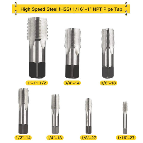 High speed steel NPT pipe taps from 1/16" to 1" shown in Do It All NPT Pipe Tap And Die Set With Seven Taps And Seven Dies For Quick Repairs And Maintenance High Speed Steel Taper Taps And GCr15 Carbon Steel Hex Dies From One Sixteenth To One Inch Rethread Ready