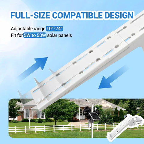 Pole Mount For Solar Panels With Adjustable Angle And Size Fits 5W To 50W Panels, shown on a roof and pole mount setup