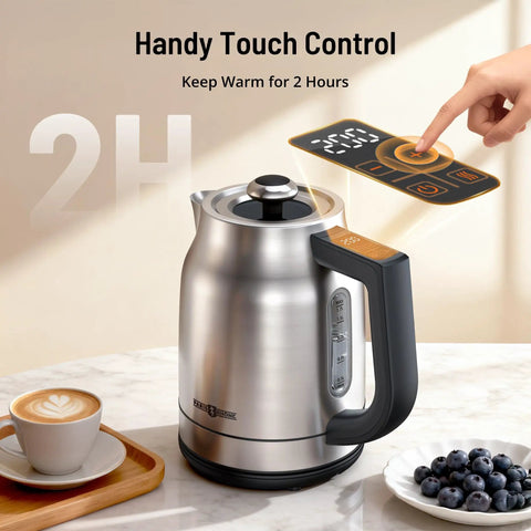 Your Go To Electric Kettle With Precise Temperature Control 1.7L 1500W 13 Temperature Settings on a kitchen counter with touch control.