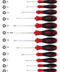 Torx Screwdriver Set 12 Piece T5 Through T40 With SoftFinish Ergonomic Cushioned Grip Handle, shown in ascending size order