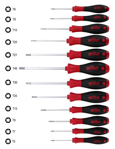 Torx Screwdriver Set 12 Piece T5 Through T40 With SoftFinish Ergonomic Cushioned Grip Handle, shown in ascending size order