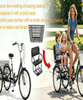 Heavy Duty 24 Inch Adult Tricycle With 7 Speed Gearing Three Wheel Bike With Rear Basket Supports Up To 550 Lbs Ideal For Seniors Women And Men Great For Picnics Exercise Shopping Durable High Carbon Steel Frame Long 44 Inch Rear Axle, with child seat and basket