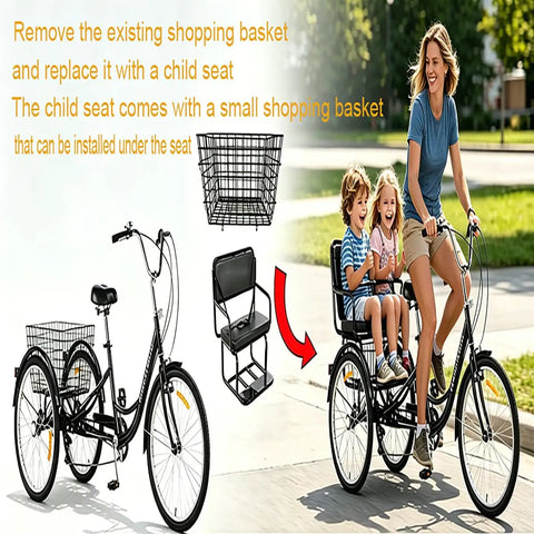 Heavy Duty 24 Inch Adult Tricycle With 7 Speed Gearing Three Wheel Bike With Rear Basket Supports Up To 550 Lbs Ideal For Seniors Women And Men Great For Picnics Exercise Shopping Durable High Carbon Steel Frame Long 44 Inch Rear Axle, with child seat and basket