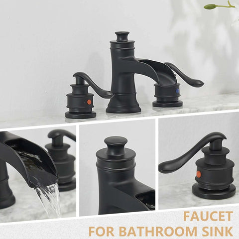 Matte Black Widespread Bathroom Faucet With Waterfall Spout Farmhouse Style 3 Hole Sink Faucet Two Handle 8 Inch Centers Lavatory Vanity With Pop Up Drain And Overflow Easy Clean Finish